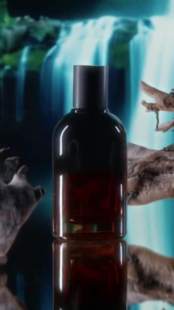 Вертикали Людей Крупным Планом Рекламы Темно Стеклянной Бутылки Антивозрастного Продукта — стоковое видео