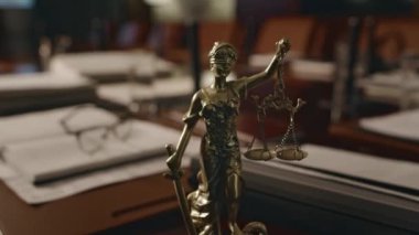Kimse küçük bronz tanrıça Themis 'in gözleri kapalı küçük heykeline yaklaşamaz. Kılıç ve teraziyi avukatlık bürosundaki konferans masasında tutarlar. Boşluğu kopyala.