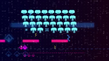 CGI 8 bit uzay nişancısı oyun arayüzü ile savaşan uzaylı sürüleri