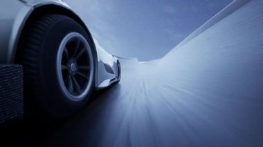 Gece gökyüzü altında yarış sırasında yarış pistinde hızlı spor araba sürme ile 3 boyutlu araba yarışı video oyunu arayüzünün CGI görüntüsü