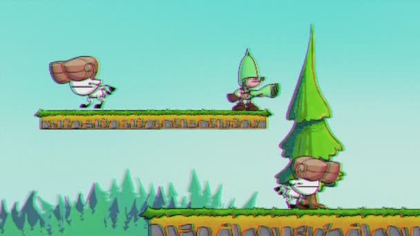 Cgi镜头 通过老式平台视频游戏 供带枪的军人和战斗首领使用 像素艺术界面 — 图库视频影像