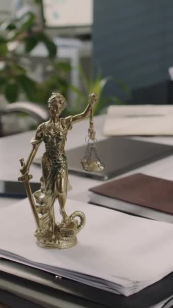 People Vertical Footage Bronze Lady Justice Statuette Pile Documents Office — Stock videók