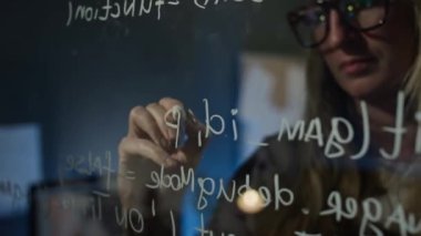 Yakın plan ve beyaz bereli beyaz kadın yazılım geliştiricisinin bulanık yüzü, karanlık ofiste geç saatlere kadar tek başına çalışırken cam duvara beyaz kalemle bilgisayar kodları yazan gözlük.