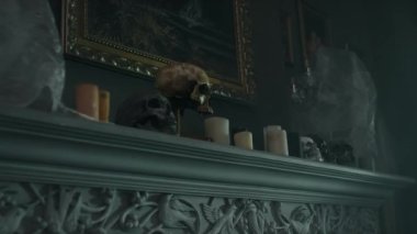 Eski fildişi şömine rafı, korkunç insan kafatasları ve karanlık sahipsiz evlerde mumlar.