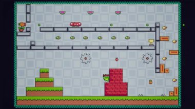 Klasik 8 bitlik video oyununun CGI görüntüleri, engellerin üzerinden atlayan yeşil kurbağa karakteri, düşmanları yenen, meyve ödülleri toplayan, kurşunlardan kaçan, hedefe ulaşan ve geçen