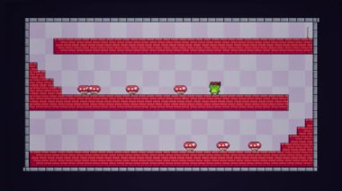 1980 'lerin konsol video oyunu, koridorda koşan yeşil ninja kurbağası, platformlarda zıplayan, düşmanlardan kaçan ve onları ezen, çilek kupaları toplayan, seviyeyi başarıyla tamamlayan CGI görüntüleri.
