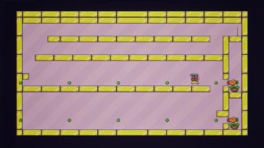 PC 'nin eğlenceli video oyununun CGI görüntüleri, Aztek maskeli karakterin koşması, düşman mermilerinden kaçması, kolu çekmesi, meyve ödülü toplaması, son durağa ulaşması ve son aşamaya ulaşması.