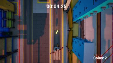 Yukarıdan aşağıya birinci şahıs koşucu konsol video oyununun CGI POV görüntüleri. Oyuncu depoda taşıyıcıda koşuyor, bozuk paraları alıyor, engellerin ve konteynırların üzerinden tırmanıyor, hedefe ulaşıyor ve kazanıyor.