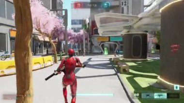 TPS çoklu oyuncu konsol video oyununun güneşli ıssız şehir manzarasındaki CGI görüntüleri. Kırmızı androidler arenaya giriyor, makineli tüfekleri, güçleri, kovalamacaları, saklanmaları, düşmanları öldürmeleri, vurucu puan kazanmaları