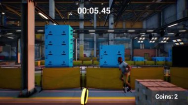 Üçüncü şahsın CGI görüntüleri parkur video oyunu, endüstriyel depoda çalışan erkek avatar saat ile, bozuk para toplama, atlama, konteynırlara tırmanma, engeller, kazanmak