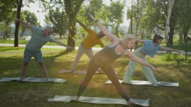Kadın yoga hocasının yaşlılarla dışarıda antrenman yapması, uzun üçgen pozu vermesi ya da güneşli yaz gününde yeşil parkta utthita trikonasana yapması, lenslerin yanması.