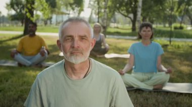 Gri sakallı, bıyıklı, fıstık yeşili tişört giyen, güneşli yaz gününde parkta grup meditasyonu yaparken poz veren ve kameraya bakan yaşlı beyaz adamın göğüs portresi.