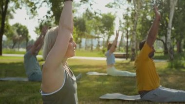 Spor giyimli orta yaşlı beyaz bir kadının güneşli bir yaz günü parkta çeşitli yaşlılarla birlikte açık hava grup eğitimi sırasında öne eğildiği tam kenar çekimi.