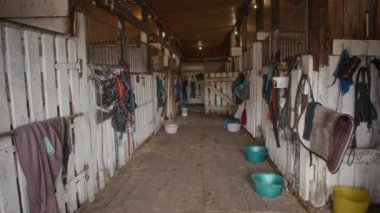 Sessiz, kırsal alanda at binme takımları ahşap kapılarda asılı, sükunet ve zamansızlık hissi yayıyor. Sahne, kırsal at hayatının özünü yakalar.