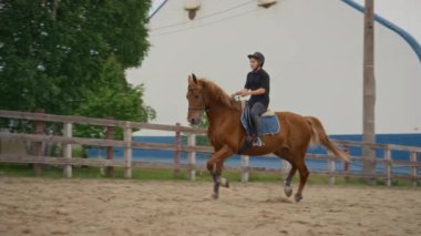 Genç beyaz kadın jokeyi atletik kestane çeyrekliği atının üzerinde otururken, atların koşmasını ve kırsal alandaki kumlu arenada engelli atlayışlar yaparken geniş açıda görülüyor.