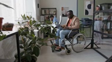 Tekerlekli sandalyedeki genç Afrikalı Amerikalı erkek şirket yöneticisinin tam karesi laptoplu danışmanlık yapan kadın ofis çalışanı iş günü tabletinde biyofilik tasarım ile ilgili mali raporla birlikte.