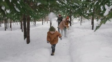 Genç çoklu etnik ailelerin kış tatillerinde parkta yürüyüş yaparken çekilen tam karlı bir kartopu savaşı, neşeyle bağırma ve kahkahalarla gülme.