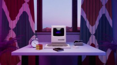 80 'lerin oturma odasından retro masaüstü bilgisayar ekranına geçerken çekilen CGI POV görüntüsü, Palm Highway' de metaverse 'teki gökdelenlere doğru sürüşün sanal klasik 3D simülatör oyununa giriyor