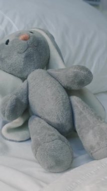 Hiç kimse, Childs Kliniği 'ndeki hastane yatağında beyaz çarşafların üzerinde duran gri tavşan pelüş oyuncağı dikey çekmez.