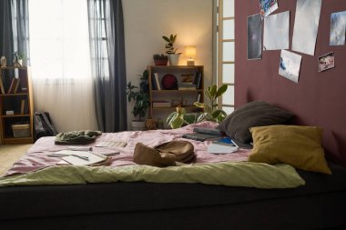 Yatak odasının içinde yastık ve battaniyeli yatak odası, lambalı küçük masa, kitaplar ve raflarda saksı bitkileri, duvarda fotoğraflar, içeri akan doğal ışık.