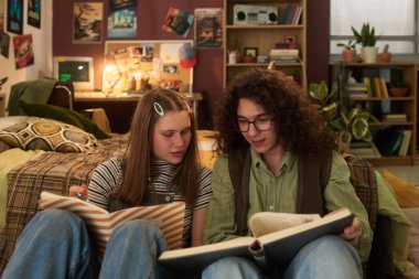 İki genç arkadaş kitap ve bitkilerle dolu rahat, dekore edilmiş bir yatak odasında birlikte çalışarak sıcak ve davetkar bir atmosfer yaratıyorlar.