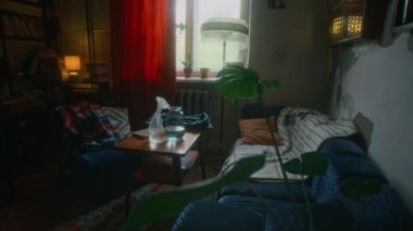 Eski mobilyaları ve duvar kağıtları yıpranmış, pencere pervazında ve yerde ev bitkileri, eski halı ve kitaplıklar olan terk edilmiş bir apartman dairesi görüntüsü yok.