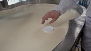 Tanınmayan erkek peynir fabrikası teknisyeninin, kalınlığı ve tutarlılığı test etmek için, büyük ısıtılmış fıçıda mayalanan çiğ sütün yüzeyine plastik pres kapağı yerleştirdiği orta boy yakın çekim.