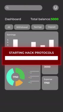 Hackerlar saldırı sırasında akıllı telefondan hacklenen bankacılık uygulamasının dikey CGI şablon ekranı. Kötü amaçlı yazılımı yükleme, suçluların hesabına para aktarma, kırmızı kutuda uyarı.