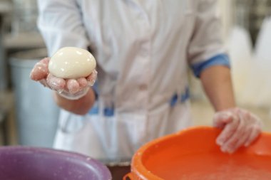 Mozarella peynirinin koruyucu eldivenleri ve beyaz laboratuvar önlüğüyle profesyonel bir mutfakta hazırlandığını gösteren bir görüntü. Kavanozların üzerinde duran pürüzsüz peynir topu