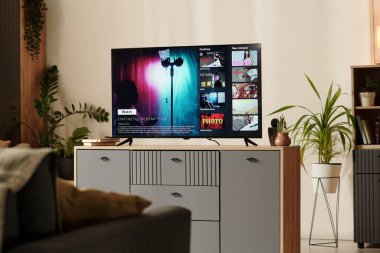 Moda mobilya ve bitkilerle çevrili çeşitli kanalları gösteren düz ekran bir televizyonu olan modern oturma odası. Çağdaş dekor hoş ama zarif bir atmosfer öneriyor.