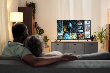 Kanepede oturan çift, rahat oturma odasında televizyon seyrediyor. Çiçekler ve modern mobilyalarla donatılmış. Kucaklaşmaları, bir rahatlama ve birliktelik anını simgeliyor.