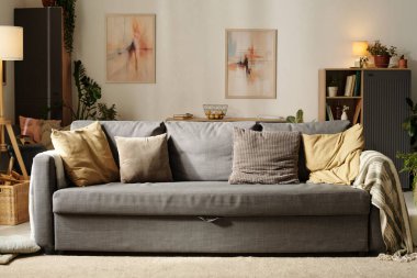 Modern dekorun yer aldığı oturma odası, renkli yastıklı gri kanepe ve duvarda soyut sanat eserleri. Bitkiler ve kitaplık konfora canlı dokunuşlar ekliyor