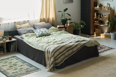 Sabah ışığında battaniyeli ve yastıklı rahat, modern yatak odası çekimleri yok.