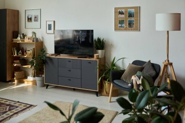 Gündüz vakti TV ekranında korku filmi gösterilirken modern apartmanın iç kısımlarını çeken kimse yok.