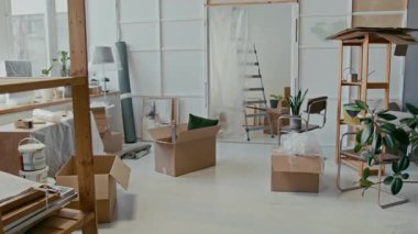 Yeni dairenin geniş oturma odasının bir kısmı paketlenmemiş karton kutular, selofan, yeşil yerli bitkiler ve diğer eşyalarla kaplı mobilyalar ile yenileniyor.