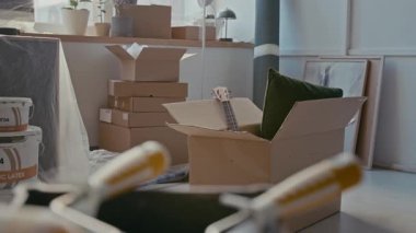 Gitarlı ve minderli karton kutu yenilenmiş dairenin ferah oturma odasının zemininde, içinde boya ve diğer paketlerin bulunduğu kova yığınının yanında duruyordu.