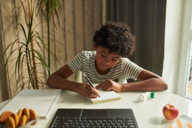 Çalışkan Afrikalı Amerikalı öğrenci çevrimiçi dersler sırasında dizüstü bilgisayarın önünde otururken deftere not alıyor.