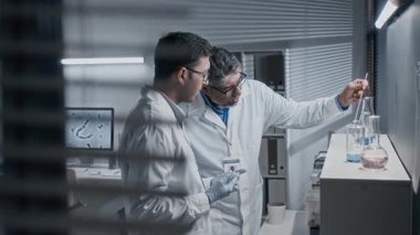 Erkek kıdemli profesörün çözümlerle çalışan genç bir laboratuvar asistanına deney tüpüne reaktör eklediği ve laboratuvarda kimyasal reaksiyonları izlediği yandan çekilmiş bir fotoğraf.