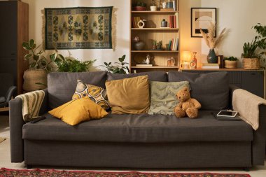 Değişik renkli yastıkları ve kahverengi oyuncak ayısı olan rahat gri kanepe. Ahşap kitaplıklar ve ev bitkileri sıcak ve davetkar oturma odası atmosferini tamamlar.