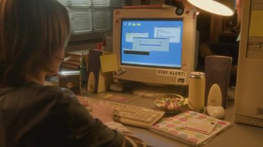 90 'lı yıllarda retro bilgisayar kullanan ve disket takan genç bir çocuğun arka plan görüntüsü