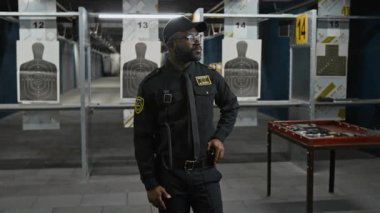 Eğitime katılırken atış poligonunda duran kendinden emin genç Afrikalı Amerikalı erkek polis memurunun orta boy portresi. Silahlar, mühimmat ve mermilerle birlikte. Kameraya bakıyor.