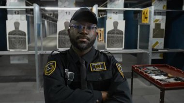 Silahlı, mühimmatlı ve mermili masadan kameraya bakarken antrenmana ya da eğitime katılırken atış poligonunda duran kendinden emin Afrikalı Amerikalı erkek güvenlik görevlisinin orta boy yakın çekimi.