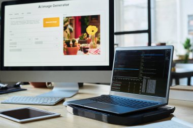 Bilgisayarın yanında duran şifreli veri ve tabletle birlikte bilgisayar ekranı şirket ofisinde resim oluşturucu ile birlikte.