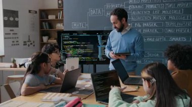 Kafkas erkek programlama öğretmeninin diyagramın önünde dikilip, yeni konuyu açıklarken çok ırklı bir grup ortaokul öğrencisiyle konuşurken orta boy fotoğrafı.