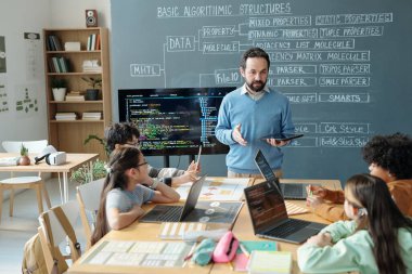 Öğretmen, sınıftaki çeşitli çocuklara ekranda ve karatahtada görünen kodlarla programlama kavramlarını anlatıyor. Öğrenciler dikkat ediyor, etkileşimde bulunuyor, dizüstü bilgisayar kullanıyor.