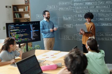 Öğretmen çeşitli öğrenci gruplarını beyaz tahtada programlama ve monitörle meşgul ediyor, hepsi de öğrenmeye dalmış. Sınıf ortamı bilgisayarları ve eğitim materyallerini içerir