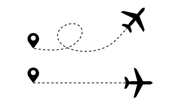 飞机沿着虚线从地点出发的飞行路径 从一个有飞机轮廓的中转站出发的航线 — 图库矢量图片
