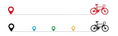 Başlangıç noktası olan noktalı bisiklet simgesi yolu. Konum ya da harita pimleri ve noktalı güzergahı olan bir bisiklet dizisi. Vektör illüstrasyonu.
