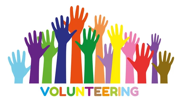 Farbige Freiwillige Menschenhände Handzeichnen Schriftzug Volunteering Erhobene Hand Silhouetten Plakat — Stockvektor