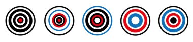 Hedef koleksiyonu. Hedef vektör simgeleri, beyaz arkaplanda izole. Farklı şekil ve renkleri hedefler. Okçuluk hedef iş konsepti. Vektör